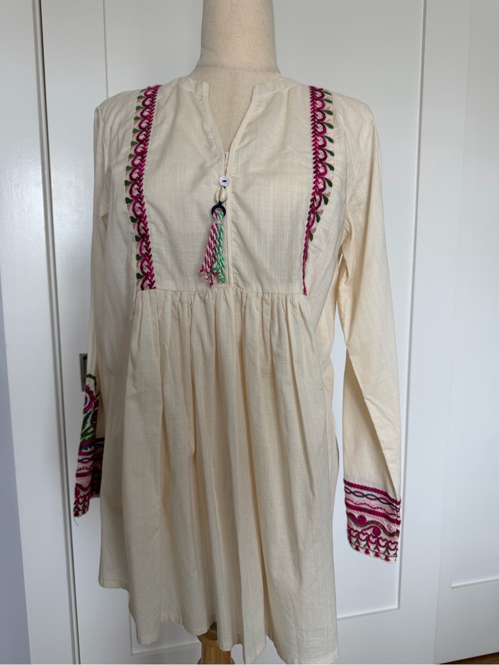 Embroidered Cream Boho blouse with Pink Accents